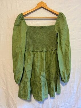 Quince 100% Linen Smocked FairyCore Mini Dress | Earthy Green Cottagecore Boho